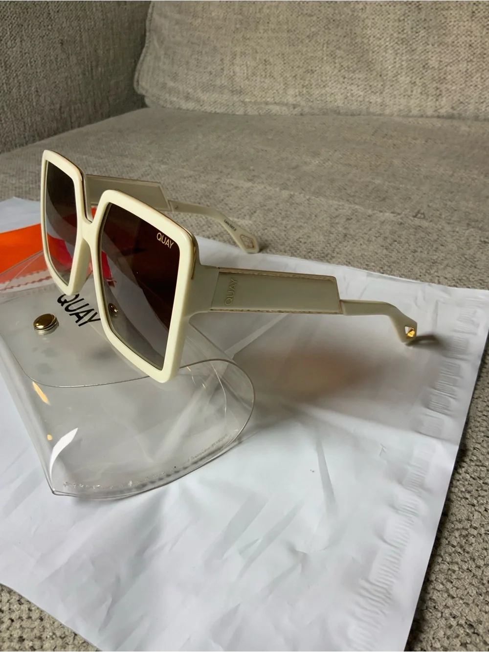 Quay Australia Cream Square Frame Sunglasses with Brown Gradient Lenses